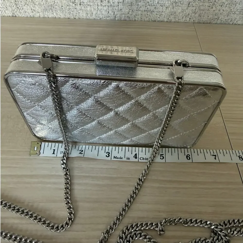 Michael Kors Elsie Silver Quilted Leather Box Clutch Chain Bag